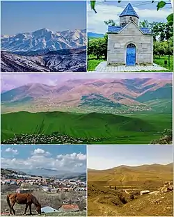 From top left:Khndzorkut Mountain • Chambarak Chapel Chambarak landscape and Mountains Town Panorama • Verin Chambarak