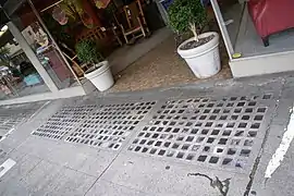 Purpled and patched vault lights outside the historic Chamberlin Hotel in Portland, Oregon. Grouting has been used to re-seal cracked glass jewels.