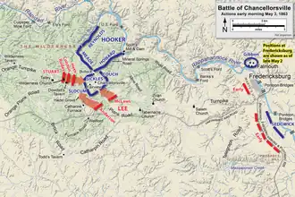 A map showing Stuart's attack on General Daniel Sickles's position on the western outskirts of Chancellorsville.