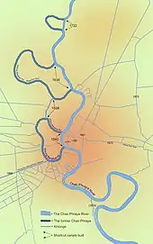 Construction of Bangkok's major canals over time, the earliest dating to the reign of King Chairacha (r. 1534–1546)