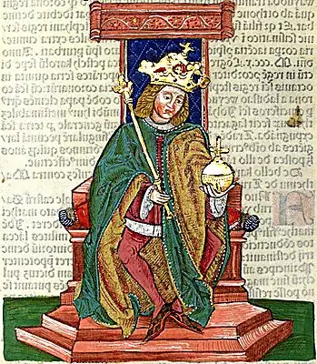 Chronica Hungarorum, Thuróczy chronicle, King Charles I of Hungary, throne, crown, orb, scepter, medieval, Hungarian chronicle, book, illustration, history