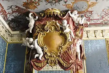 Baroque cartouche with putti, above a mirror in the bedchamber of the Mecklenburg Apartment, Charlottenburg Palace, Berlin, unknown architect, 17th century