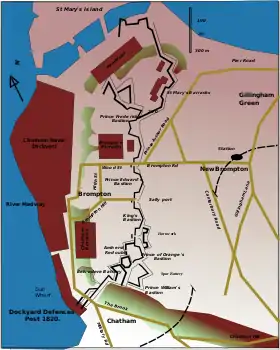 Showing Brompton and New Brompton, and their relationship to Chatham Dockyard, and the Lines