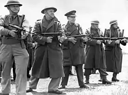 Five soldiers in a line, all in greatcoats except the closest and all wearing steel helmets except the one in the middle, who is wearing a peaked cap with oak leaves on the peak.