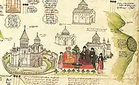 Ararat depicted vertically (right) on a 1691 map by Eremya Çelebi along with Etchmiadzin Cathedral and other churches of Vagharshapat.