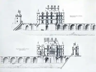 The bridge over the Loire of the Chateau de Chenonceau was designed and built by de l'Orme (drawing by Jacques Androuet du Cerceau)