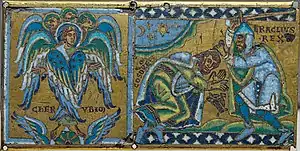 Medieval style portrait of Cherub and Heraclius receiving the submission of Khosrow II; plaque from a cross (Champlevé enamel over gilt copper).