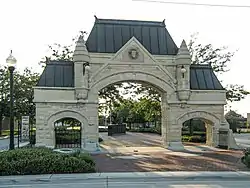 Current view of the Gate. Firefighters memorial in the center background