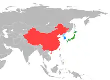 Map of East Asia indicating China (red), Taiwan (pink),Japan (green), South Korea (blue), and North Korea (light blue).