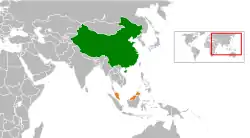 Map indicating locations of China and Malaysia