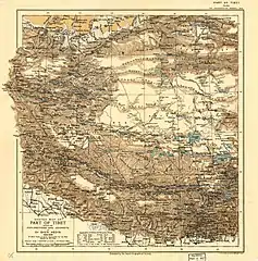 Map of the expeditions of Sven Hedin (1906-8) including the southern part of the modern Hotan Prefecture (RGS, early 20th century)