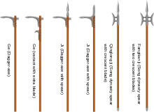 Four jis (right), alongside two dagger-axes.