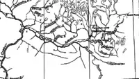 Map of the Chitina River valley.  "x" depicts a copper prospect while "+" depicts a gold placer.