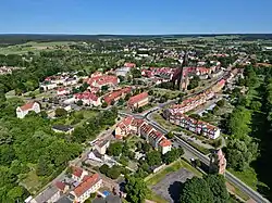 Aerial view of the town with St. Mary's Church in the background