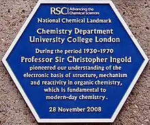 Royal Society of Chemistry plaque on the Chemistry Department of University College London, recording the work carried out there by Sir Christopher Ingold (erected 2008)