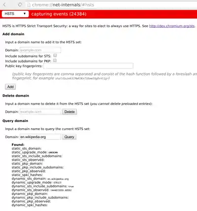 Settings page Security within Chromium 45, showing the status of the security policy for the domain "en.wikipedia.org".