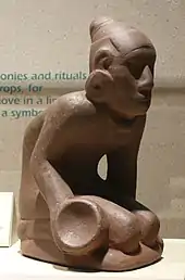 The "Chunkey Player" statuette, made of Missouri flint clay, depicts the ancient Native American game of chunkey. The statuette is believed to have been originally crafted at or near Cahokia Mounds; it was excavated at a Mississippian site in Muskogee County, Oklahoma, revealing the reach of the trade network of this culture.