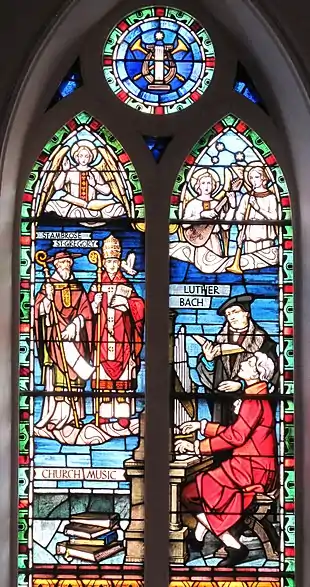 Church Music – Music has always been important to the Lutheran Church.  The window shows Lutherans, Bach and Luther, and two hymnists from the early church, Ambrose and Gregory.