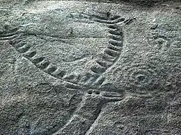 Millenarian rock carvings, Laxe dos carballos at Campo Lameiro, in this detail depicts a deer hit by several spears