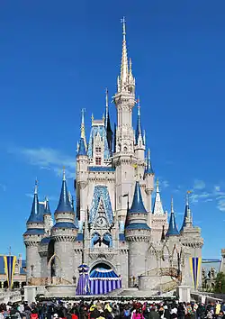 At Cinderella Castle in Walt Disney World's Magic Kingdom, the scale once again gets smaller the higher one goes, making it seem significantly taller than its actual height of 189 feet (58 meters).