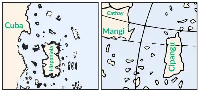 Side by side outlines of the map's depiction of the Caribbean and the Behaim globe's depiction of Asia's east coast show different coastlines but a similar arrangement of land masses.