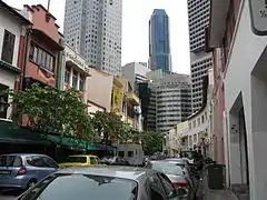 Conserved shophouses line both sides of Circular Road at Boat Quay