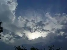 A picture showing the cirrus clouds lancing out from the anvil of the thunderstorm, taken just before the lower mass of the cumulonimbus cloud went over the photographer