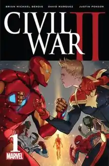 Cover of Civil War II #1 showing Iron Man and Captain Marvel standing opposed to each other in the forefront with fists raised. Other superheroes, divided by a mysterious figure in a column of light, are standing behind them in the background.