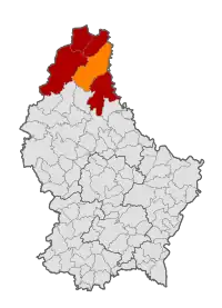 Map of Luxembourg with Clervaux highlighted in orange, and the canton in dark red