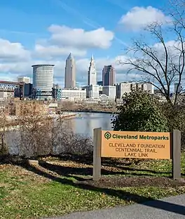 wooden sign in front of the Cleveland, Ohio, skyline