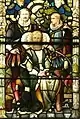 1875–1880 stained glass window over staircase, featuring Butterfield family in 16th century costume.