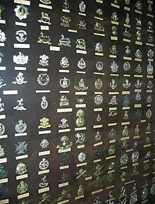 Display of UK military cap badges, in first floor corridor. View full resolution to read labels.