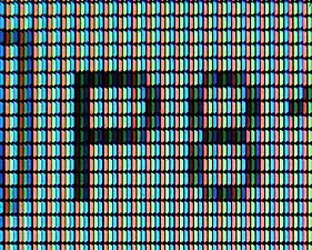 Red, green, and blue subpixels on an LCD display.