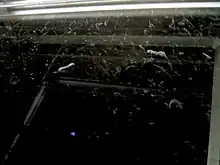 Cloud chamber with visible tracks from ionizing radiation (short, thick: α-particles; long,