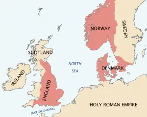 A map of north-western Europe in which Cnut's dominions are depicted in red; there is red over what is now England, Denmark and Norway, the Lothian and Borders region of modern Scotland, as well as a part of southern modern Sweden