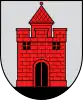 A coat of arms depicting a red castle with black double doors, two black windows, and one central tower all standing on black ground