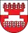 A coat of arms depicting five red leaves in a straight, horizontal row on a grey background at the top and five grey leaves on a red background at the bottom