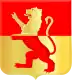 Lion rampant, top half yellow on red background, bottom half red on yellow background