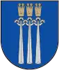 A coat of arms depicting three golden crowns with five spikes protruding from their tops all on a blue background