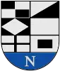 A coat of arms depicting a white "N" on a blue background at the bottom and a series of black and white shapes at the top