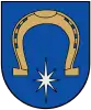 A coat of arms depicting a golden horseshoe hovering over a white, 8-point star all on a blue background bordered by a thin, black line