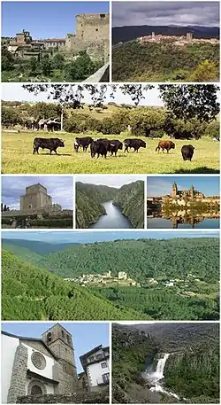 From left to right and from top to bottom: Puente del Congosto Castle, Miranda del Castañar, Campo Charro meadow, keep of the castle of Enrique II of Ciudad Rodrigo, the arrivals of the Duero in Aldeadávila de la Ribera, the cathedrals of Salamanca, Montemayor del Río, the Candelario church and the Pozo de los Humos