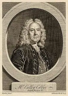 Pudgy late-middle-aged man wearing 18th century dress: a full wig, velvet jacket, waistcoat and cravat, looking through a faux-architectural roundel, above a plinth bearing his name: Mr Colley Cibber, Anno Ætatis 67.