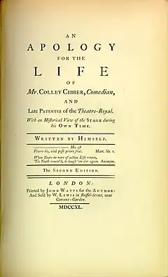 A book's title page inscribed "An Apology for the Life of Mr. Colley Cibber, Comedian"