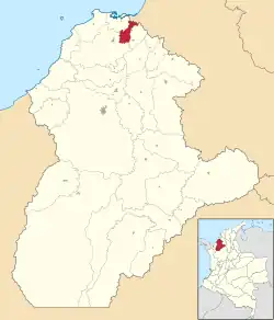 Location of the municipality and town of Purísima in the Córdoba Department of Colombia.