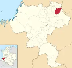 Location of the municipality and town of Toribío in the Cauca Department of Colombia