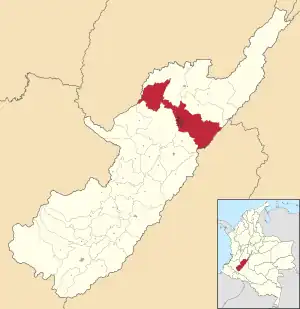 Location in the Huila Department. Urban in red, municipality in dark gray