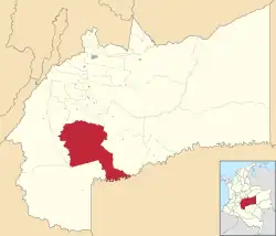 Location of the municipality and town of Vista Hermosa, Meta in the Meta Department of Colombia.