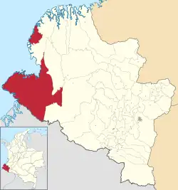 Location of the municipality (red) of Tumaco in the Nariño Department.