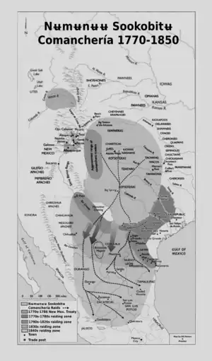 The development of Comancheria from 1770 to 1850. Depicted are the shifting core territories of the Comanche, their zones of control, and their extensive raiding zone which extended from Texas and New Mexico deep into Mexico